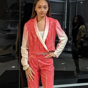 Sequins pink white two-piece jacket pants set